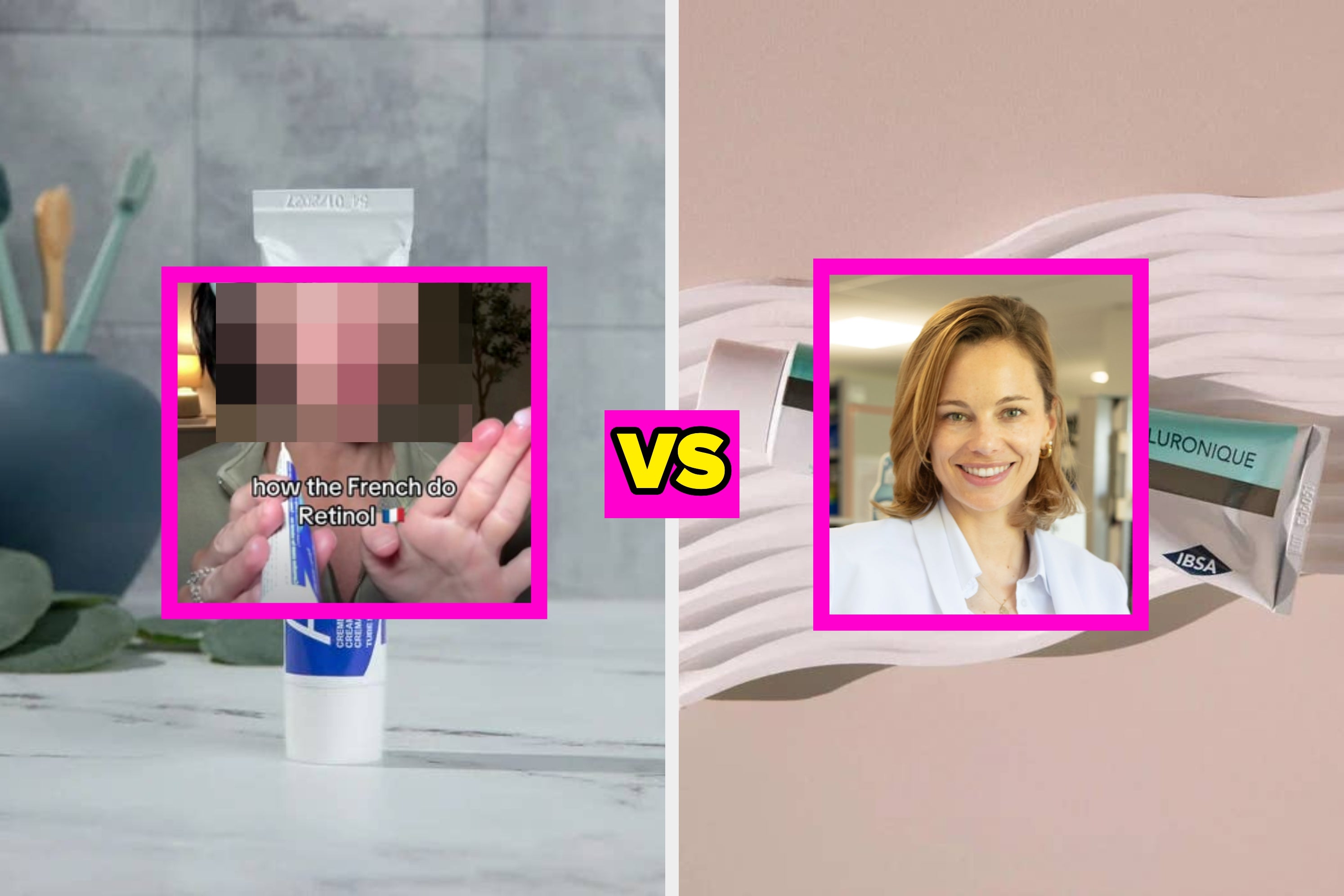 Collage: Left shows a person applying retinol, text reads "how the French do Retinol"; Right shows skincare products and a smiling woman