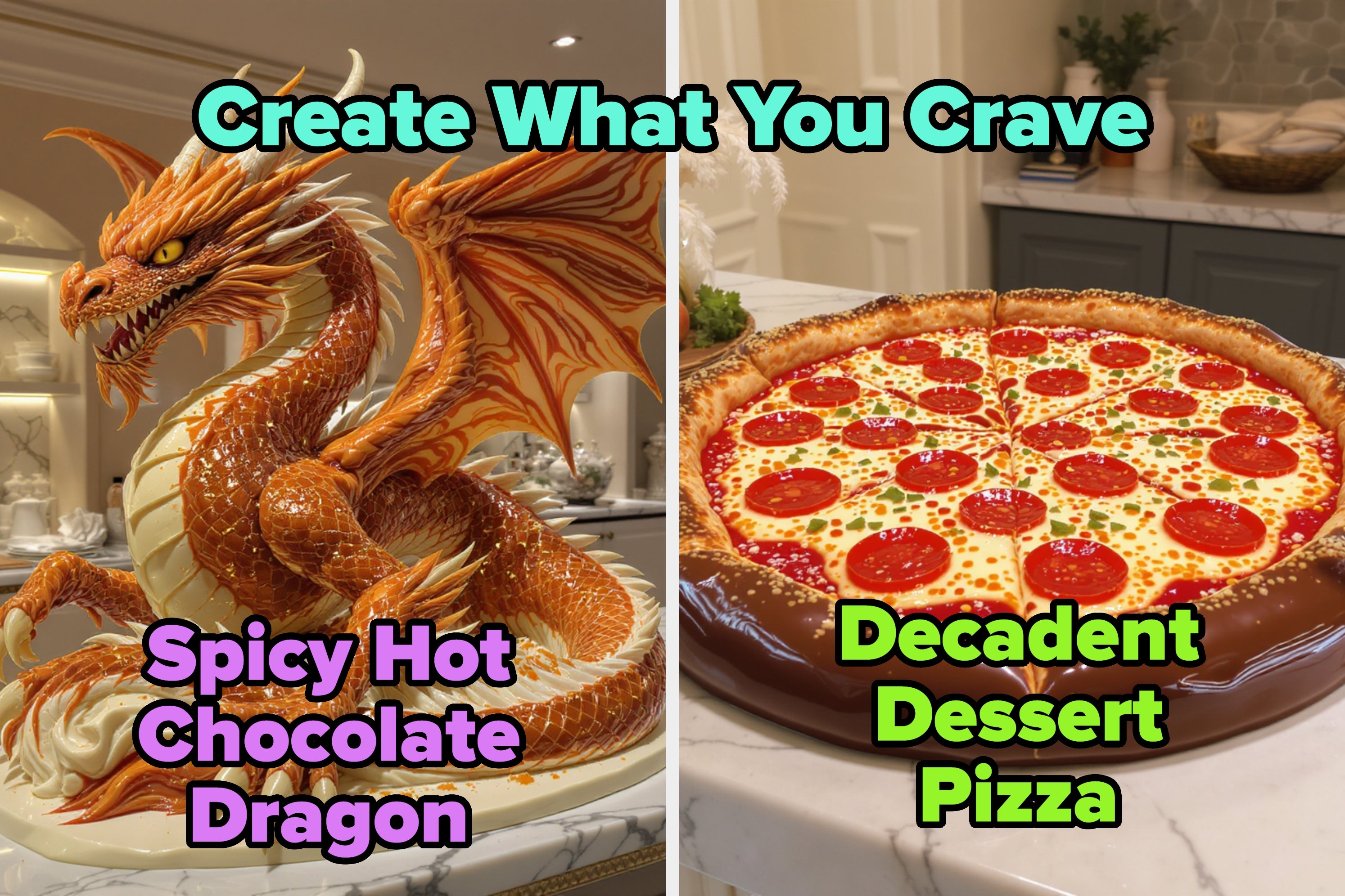 A display shows a spicy hot chocolate dragon sculpture and a decadent dessert pizza with toppings, each on separate sides. Text reads "Create What You Crave."