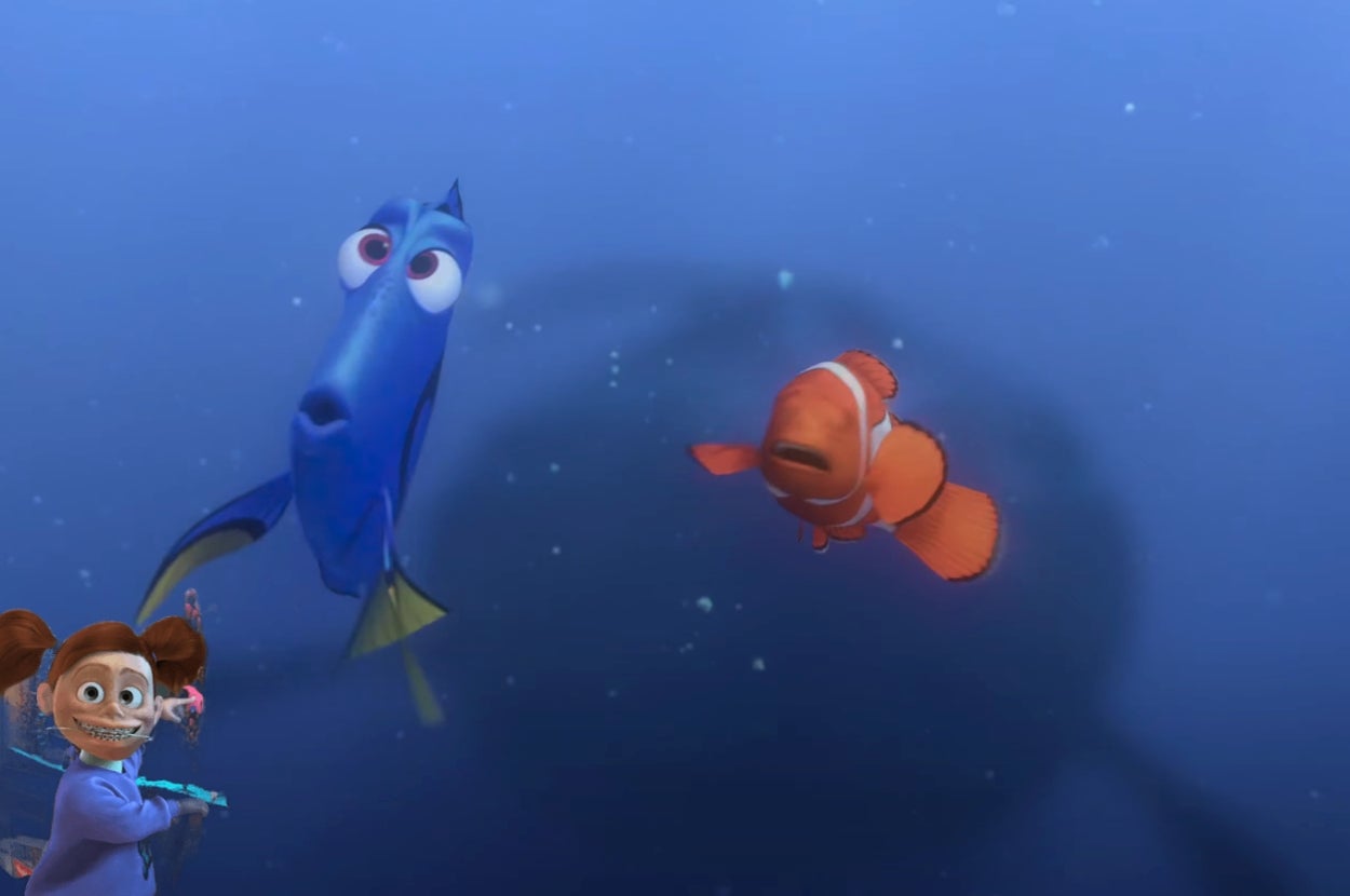 Animated fish, Dory and Marlin, appear surprised underwater as they encounter a large shadow; an excited child character appears in the corner