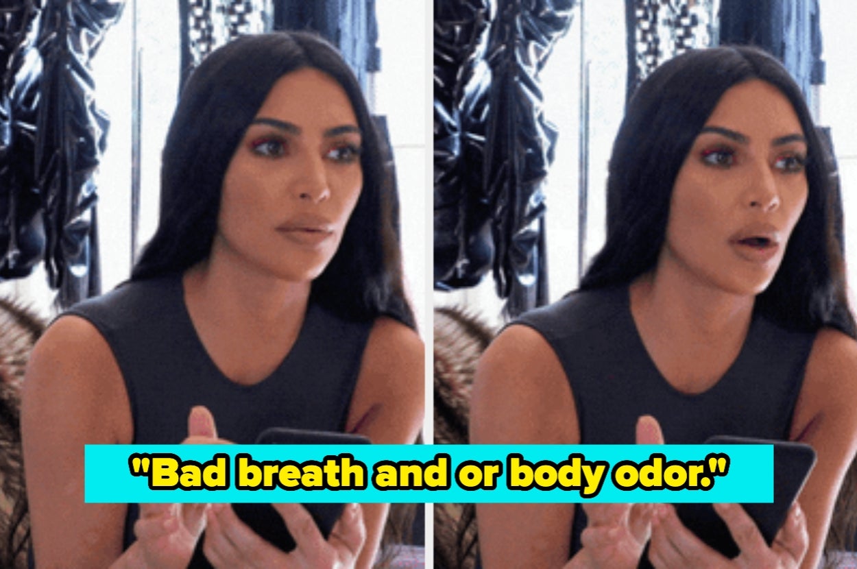 A person looks surprised after reading or hearing about "Bad breath and or body odor," possibly reacting to unexpected or humorous news
