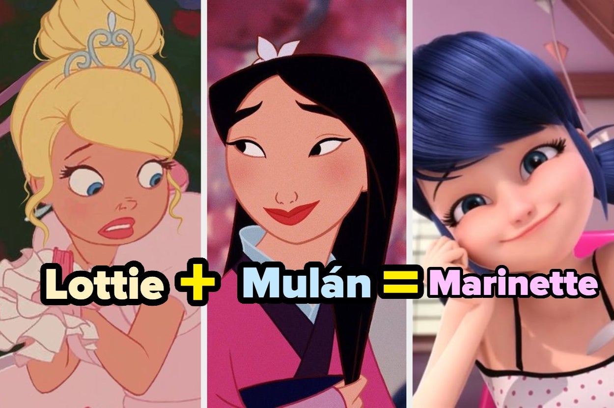 Imagen de tres personajes animados, con texto que combina a "Lottie" y "Mulán" para formar "Marinette"