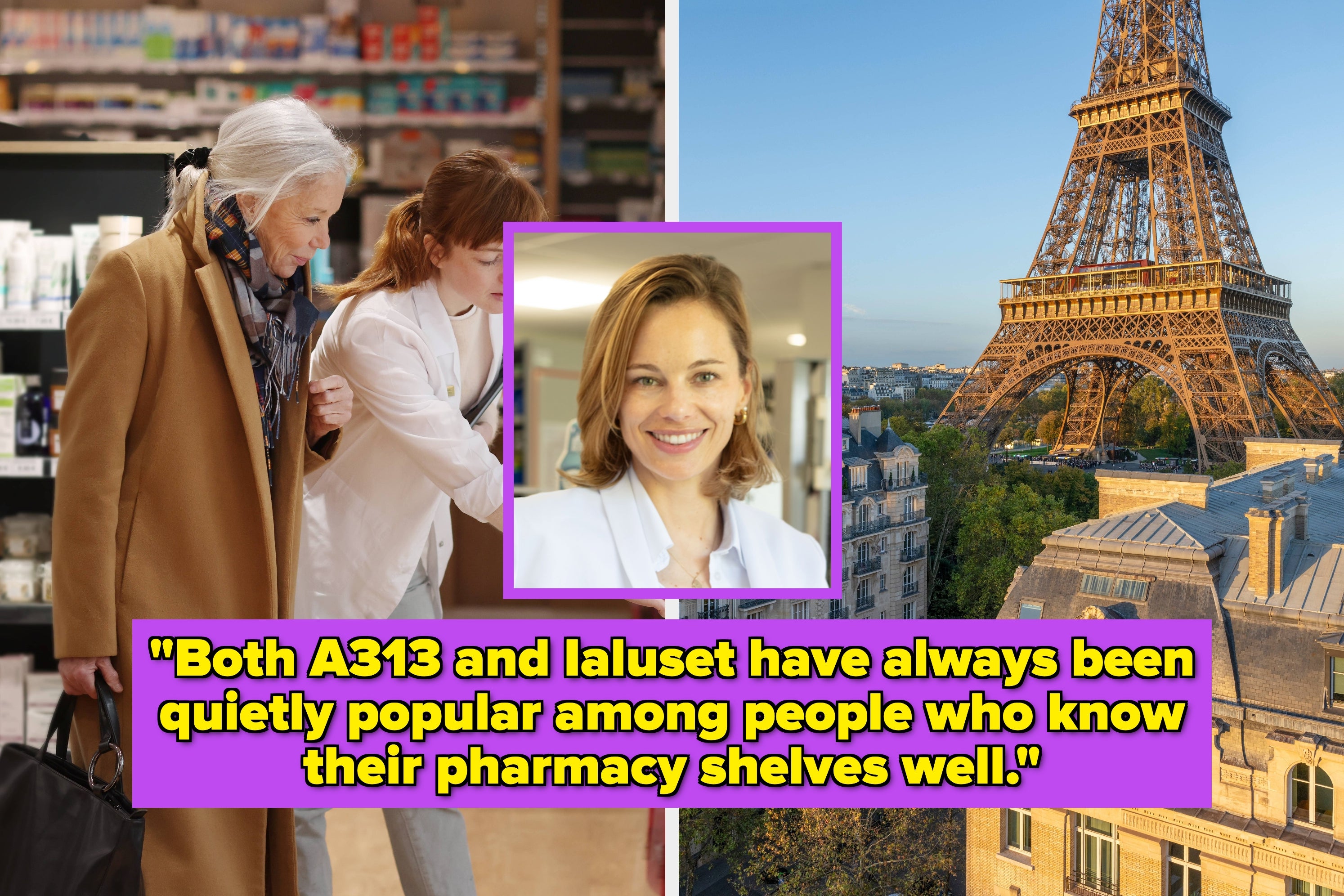 Collage with a senior woman in a pharmacy, a smiling woman in a lab coat, and the Eiffel Tower. Text praises A313 and Ialuset's popularity