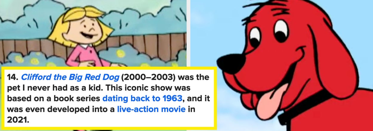 Cartoon boy and Clifford the Big Red Dog in a playful scene. Text discusses the show's history and adaptations, including a 2021 live-action movie