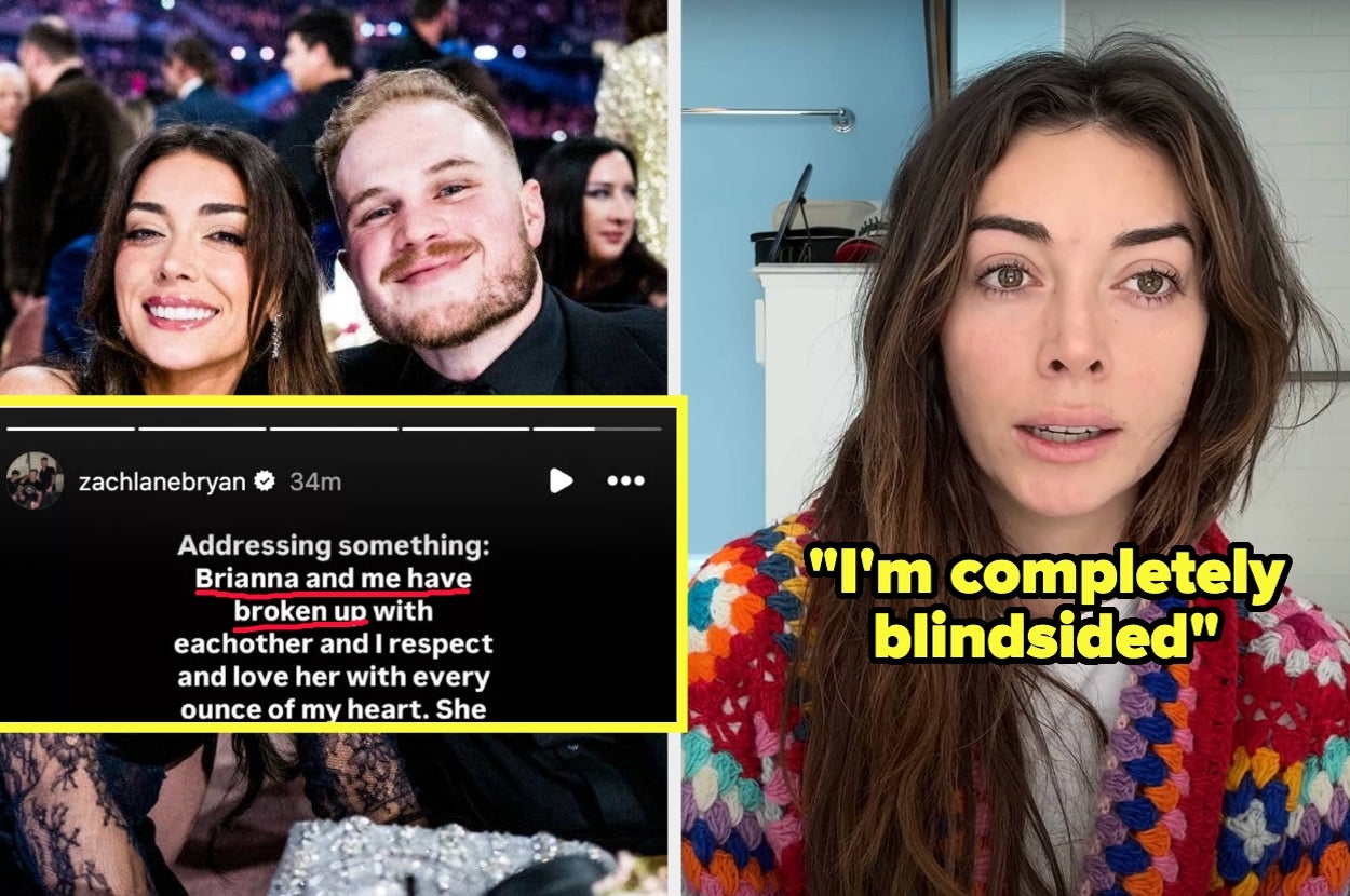 Zach Bryan and Brianna LaPaglia with screenshot of his IG story saying they broke up; Brianna looking sad while sitting on her bathroom floor with text, "I'm completely blindsided"