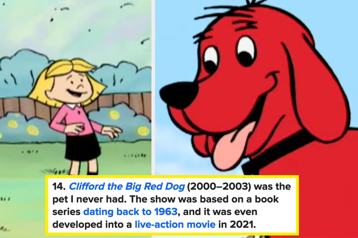 Cartoon boy and Clifford the Big Red Dog in a playful scene. Text discusses the show's history and adaptations, including a 2021 live-action movie