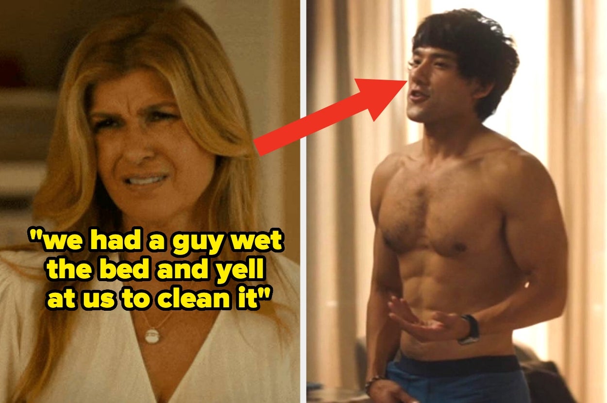 Split image: Left, woman looking concerned with quoted text about a man wetting the bed. Right, shirtless man talking. Appears to depict a humorous travel anecdote