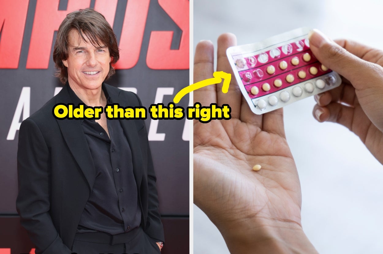 Person in a formal black outfit on a red carpet beside a hand holding birth control pills. Overlay text humorously questions age
