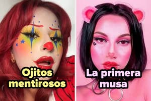 Dos personas con maquillaje artístico de payaso y estilo de fantasía, cada una con texto: "Ojitos mentirosos" y "La primera musa"