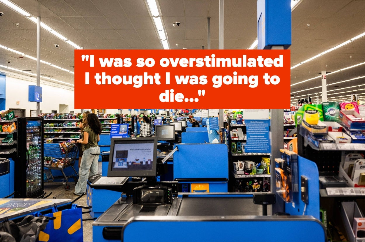 Crowded store with text overlay: "I was so overstimulated I thought I was going to die..."