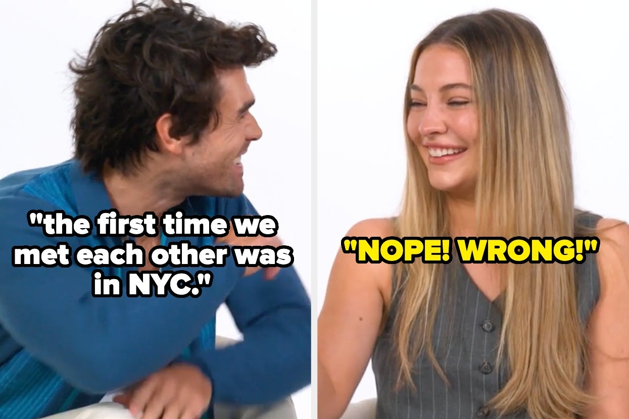KJ Apa and Madelyn Cline laughing. Left text: “the first time we met each other was in NYC.” Right text: “NOPE! WRONG!”