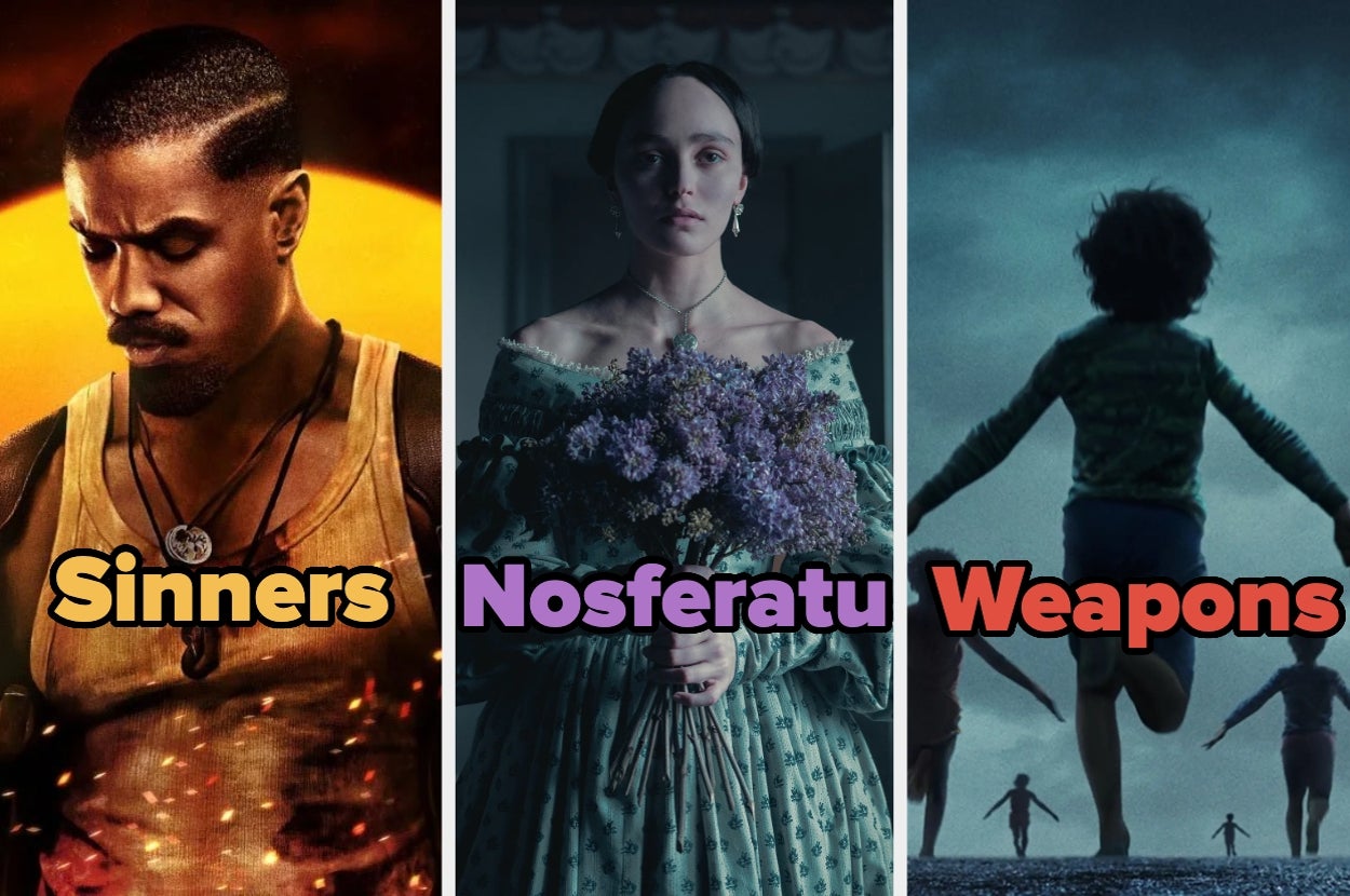 Tres imágenes de películas: un hombre musculoso, una mujer con flores, y un niño corriendo con armas en manos. Texto: "Sinners", "Nosferatu", "Weapons"