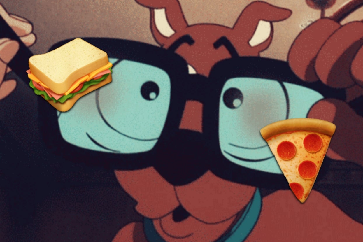 Cartoon dog with oversized glasses, a sandwich emoji on one lens, and a pizza emoji on the other, creating a humorous food-themed image