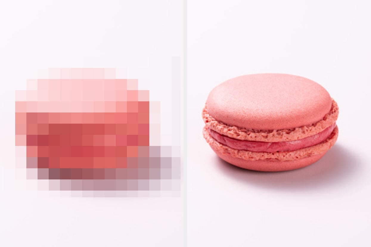 Split image comparing a pixelated pink macaron on the left with a clear pink macaron on the right