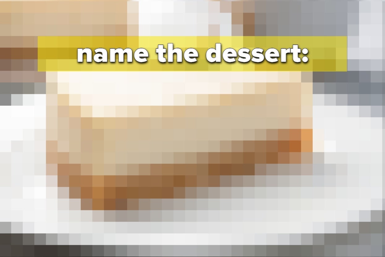 A pixelated image of a dessert on a plate with the text "name the dessert:" displayed above
