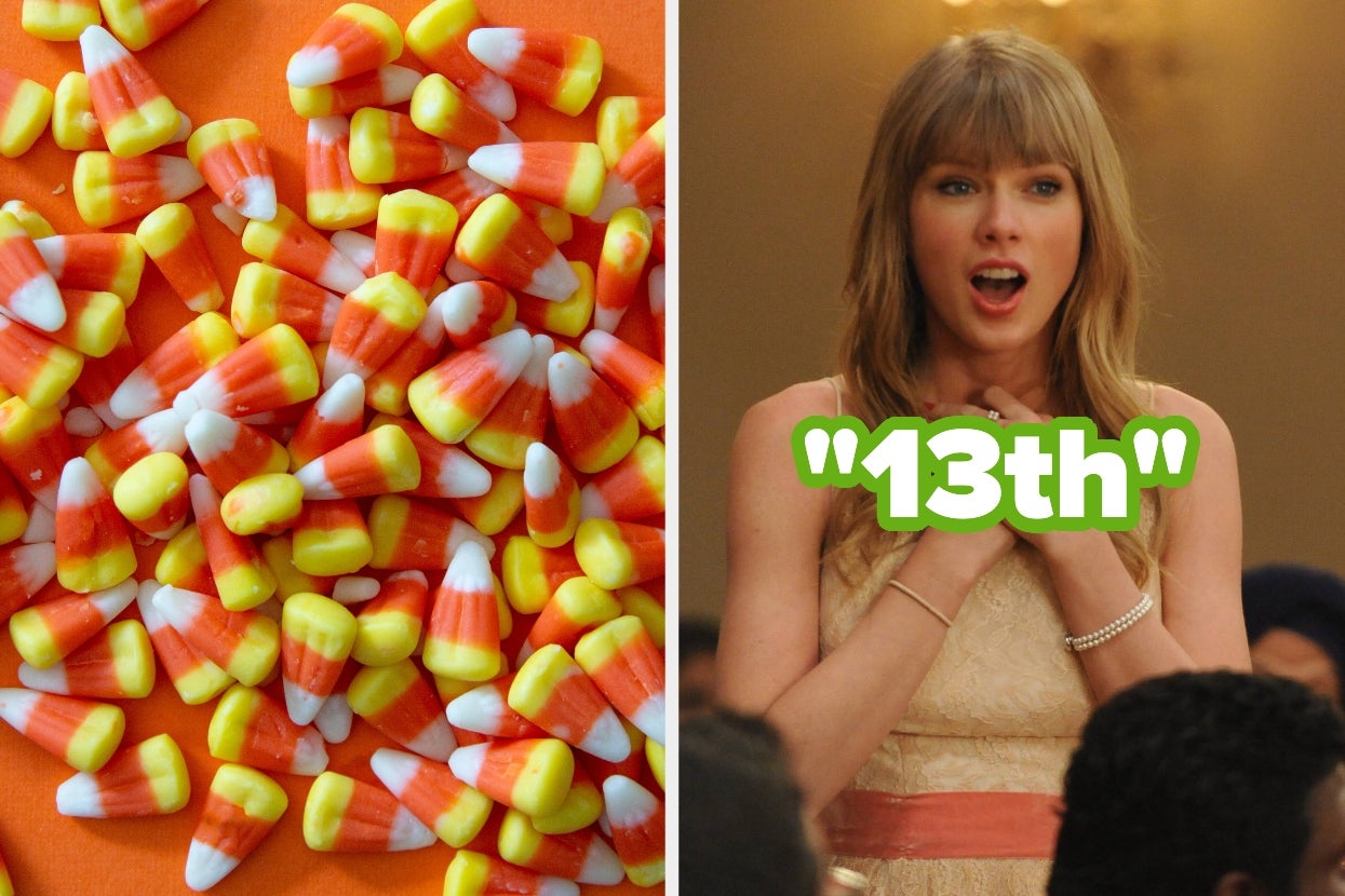Candy corn next to a surprised person with hands clasped and the text "13th."