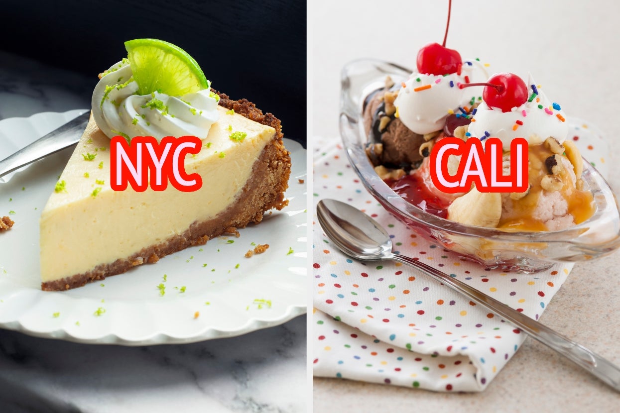 Key lime pie labeled "NYC" next to a banana split with cherries labeled "CALI."
