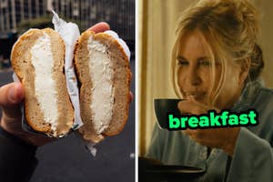 On the left, someone holding a bagel cut in half with lots of cream cheese in the middle, and on the right, Jennifer Coolidge holding a mug to her lips as Tanya on The White Lotus labeled breakfast