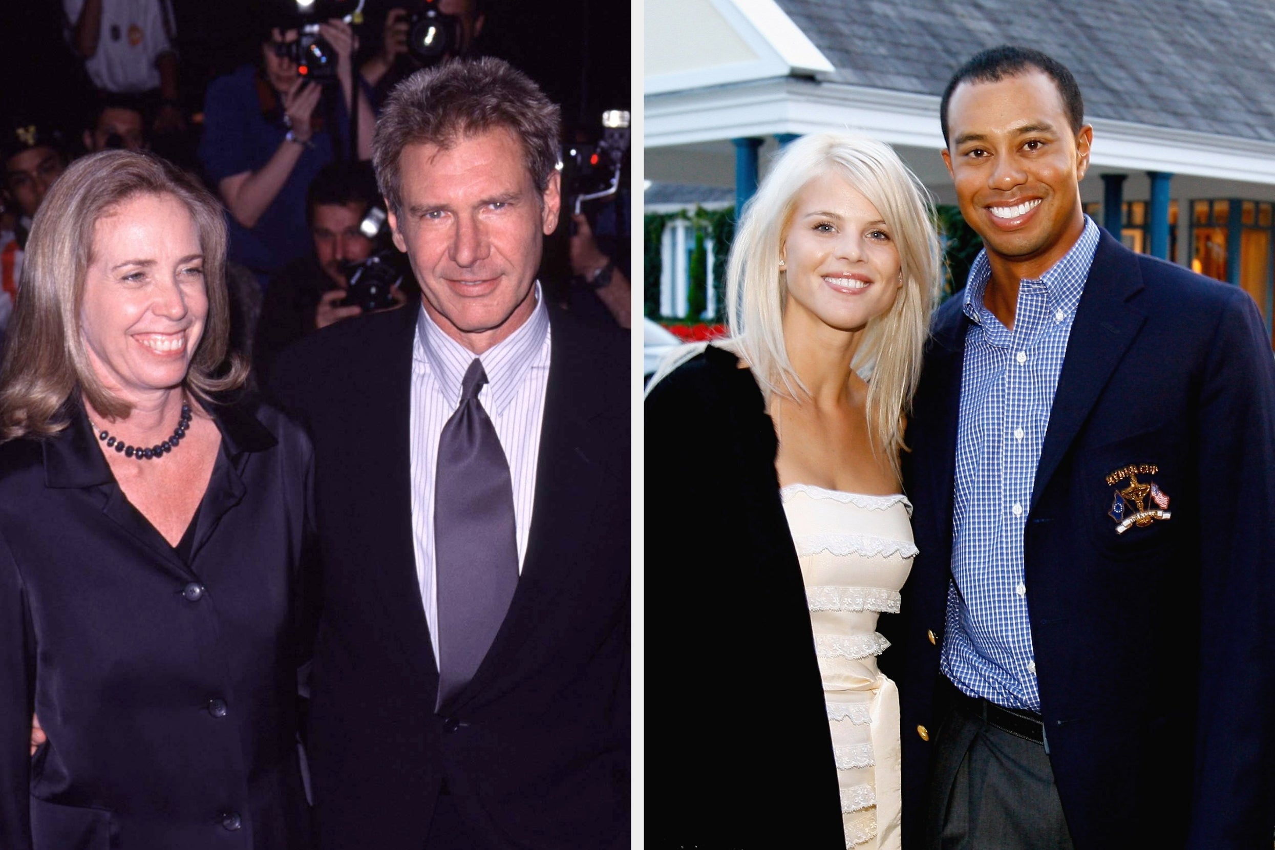 Two side-by-side photos of couples at public events. Both men are in suits; their partners are in elegant attire