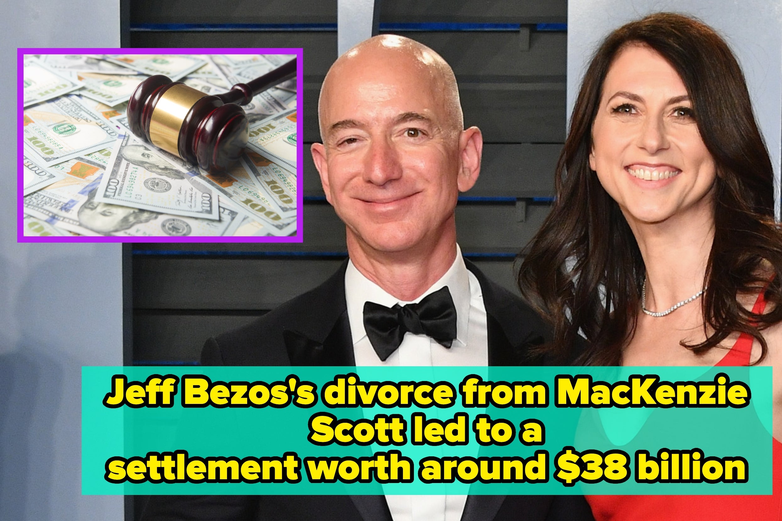 A couple smiles at a formal event. Inset: Gavel on money. Text: Jeff Bezos's divorce from MacKenzie Scott led to a $38 billion settlement