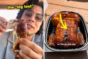 A person demonstrates the "leg test" on a rotisserie chicken to show juiciness. The right side shows a roasted chicken in a black container