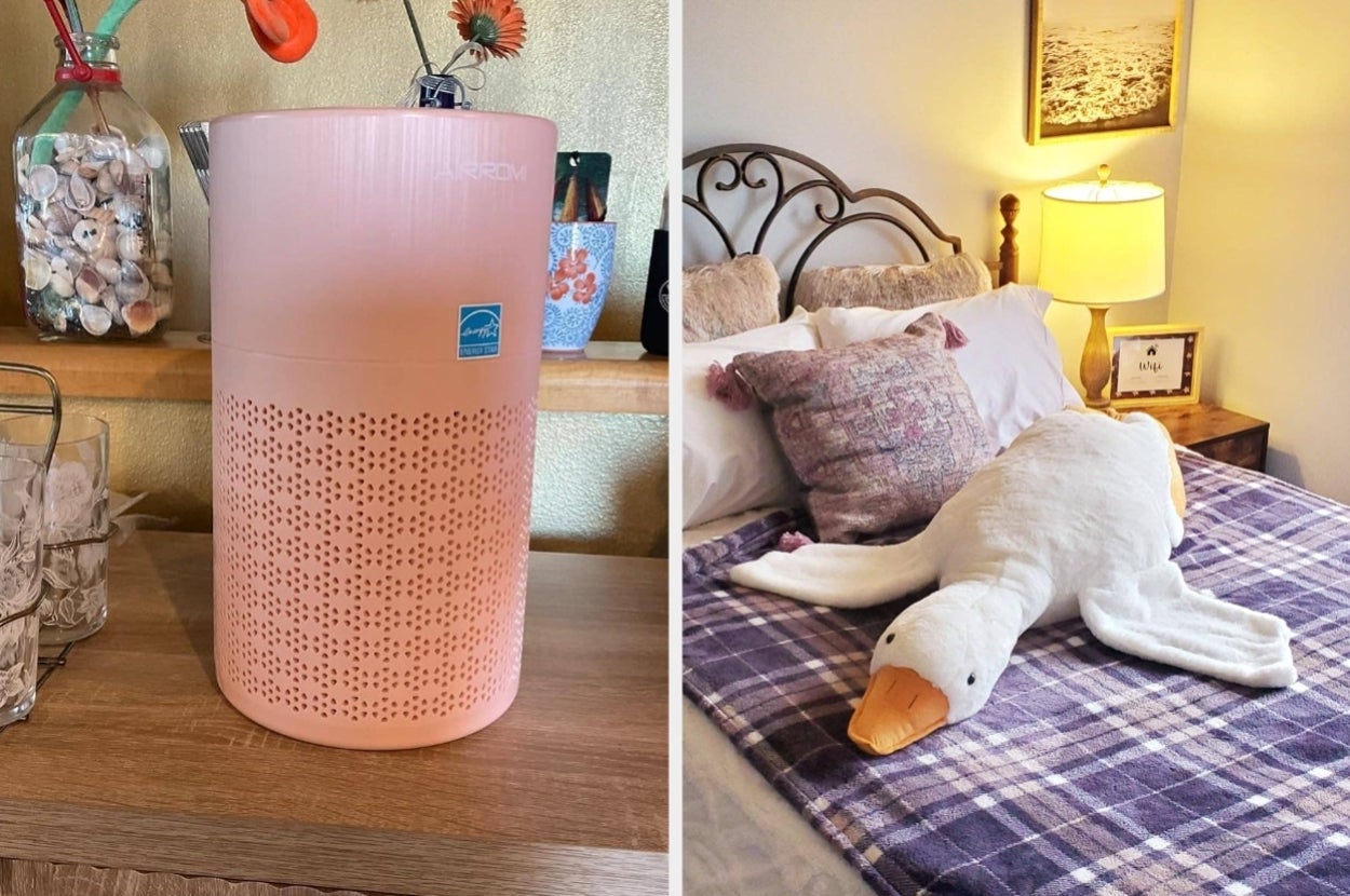 Air purifier on a shelf next to decor; bed with a plush goose on a plaid blanket in a cozy bedroom