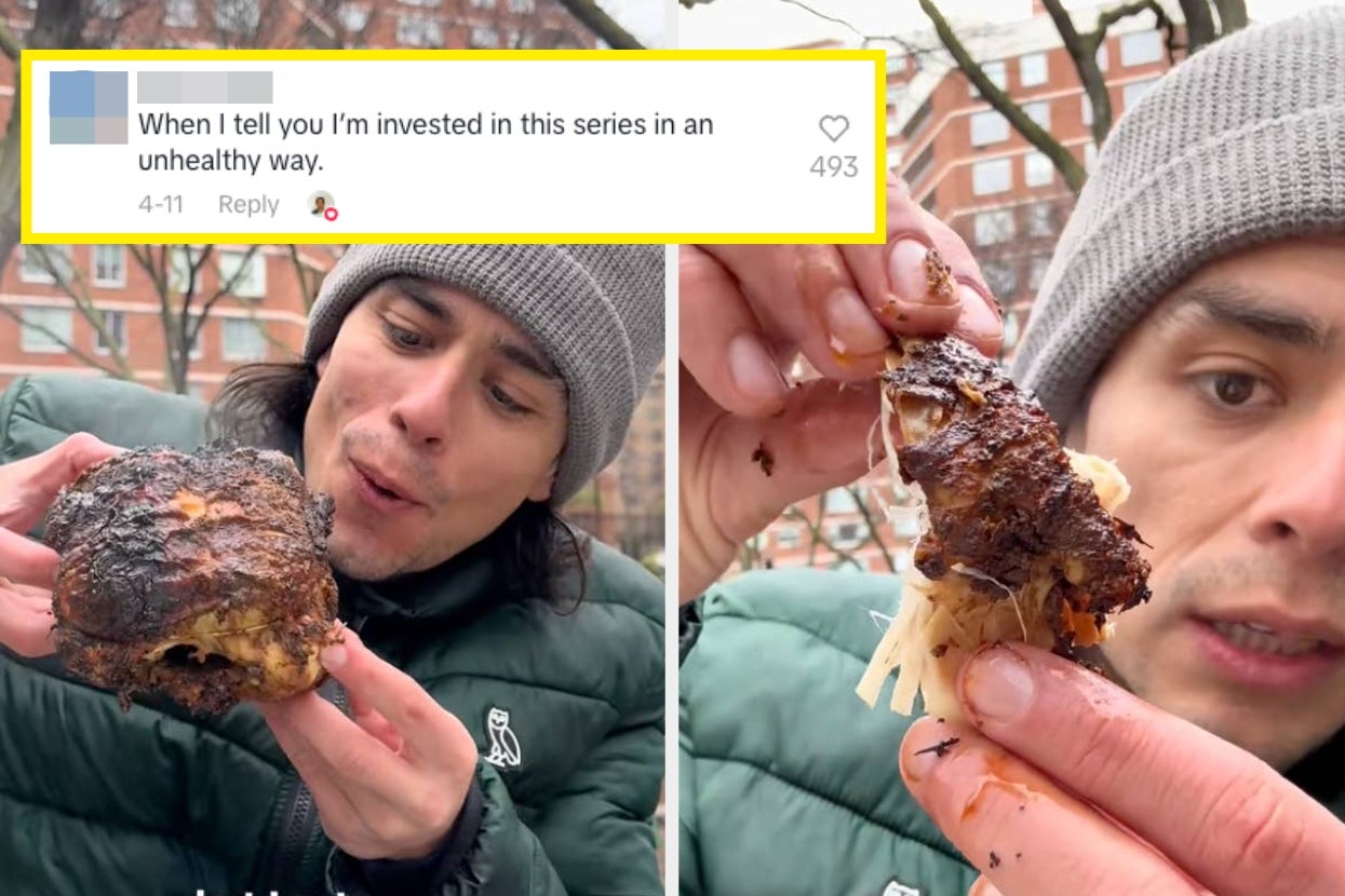 Person holding and examining roasted chicken outdoors, with a comment about being invested in the series