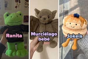 Tres peluches: una rana con suéter, un murciélago, y un juguete tipo pastel sonriente, cada uno etiquetado con un nombre gracioso