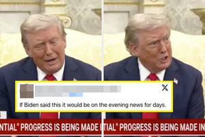 Two images of a Donald Trump speaking during an interview; text below criticizes media bias