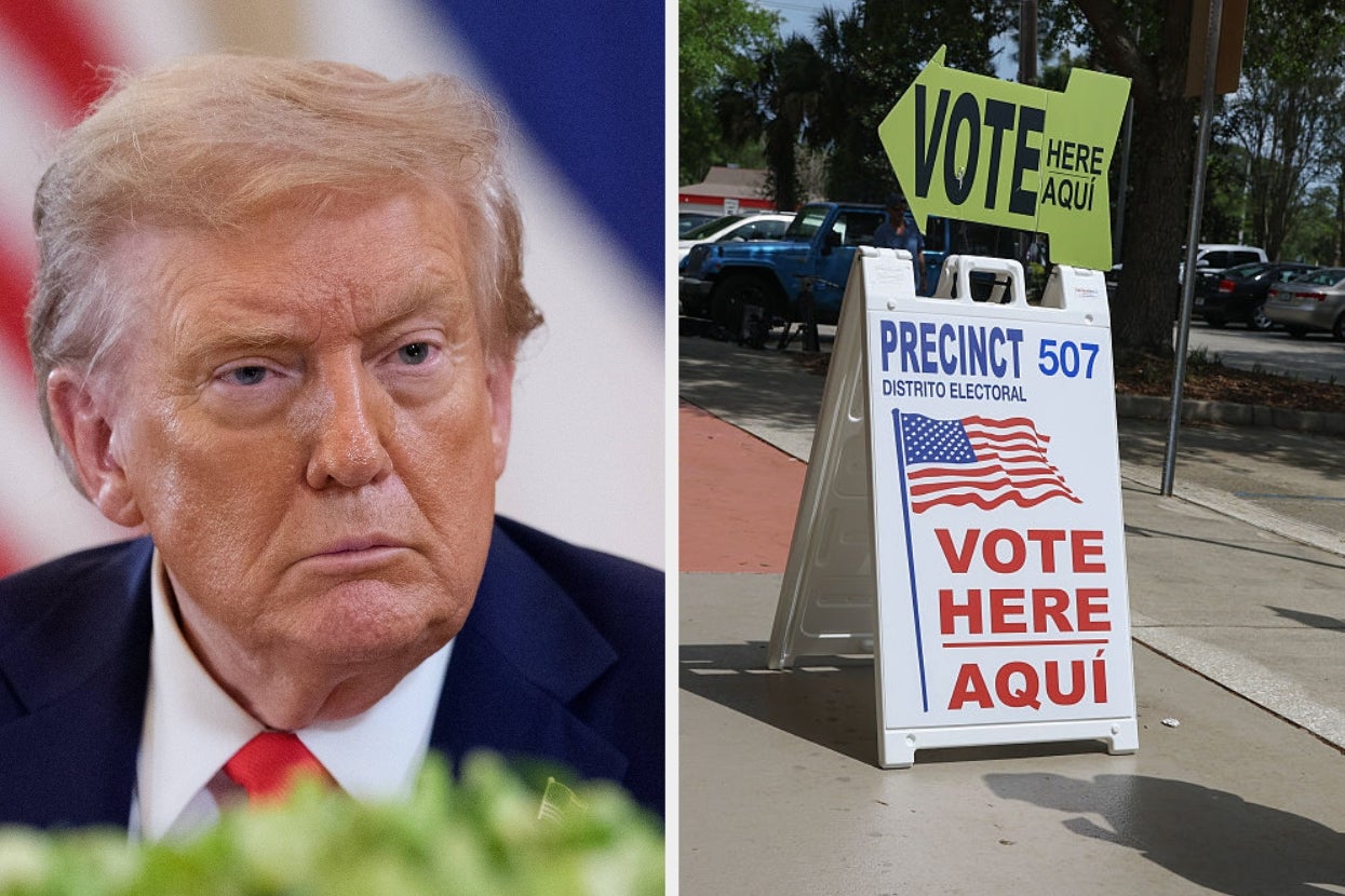 Donald Trump is juxtaposed with a voting sign for Precinct 507, displaying "VOTE HERE AQUÍ" with an arrow and the U.S. flag