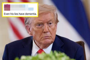 Donald Trump in a suit and tie is pictured with a text overlay reading, "Even his lies have dementia."