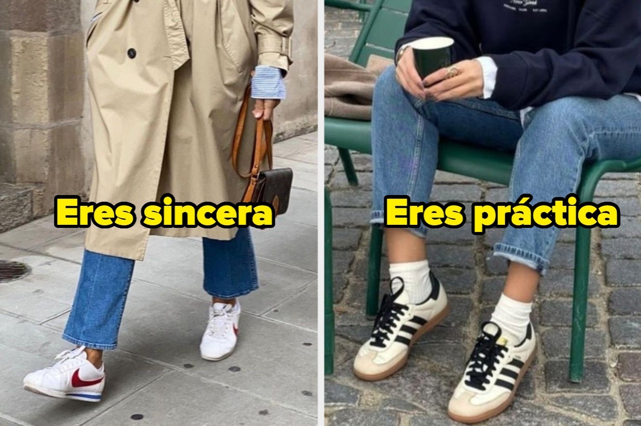 Mujer con abrigo y zapatillas blancas a la izquierda, y mujer con sweater y zapatillas deportivas color neutro a la derecha. Texto: "Eres sincera" y "Eres práctica"