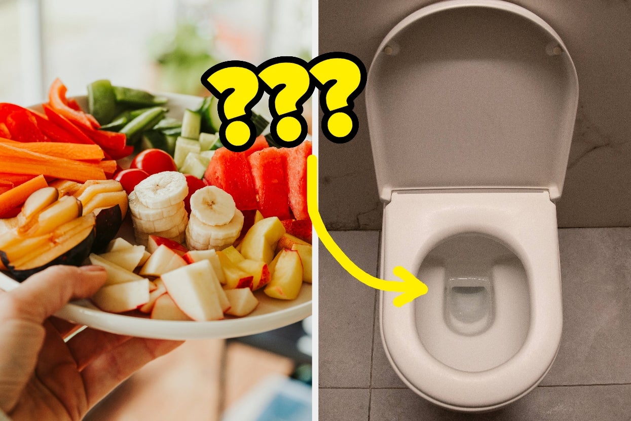 A hand holding a fruit and vegetable platter is shown with a yellow arrow pointing to a toilet bowl, implying a digestion-related concept