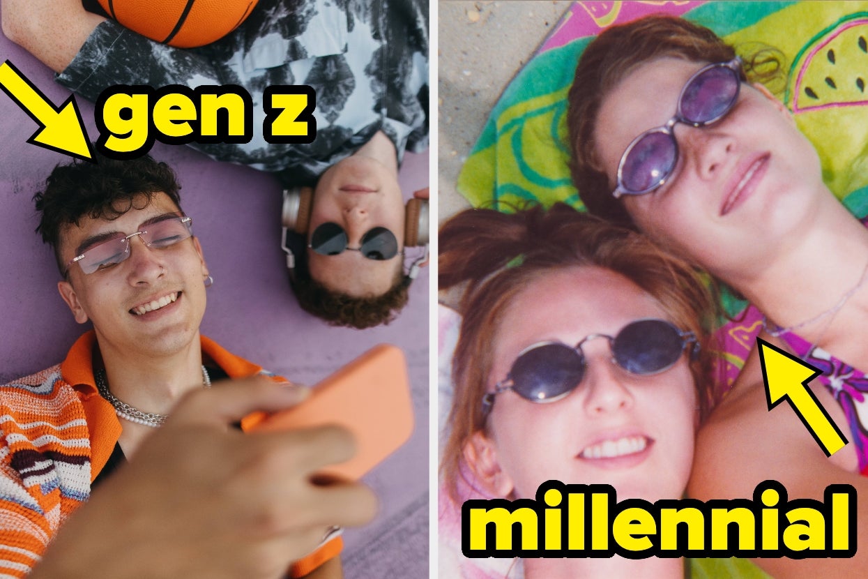 Two young people lying on a beach towel labeled "Gen Z," and two older individuals labeled "Millennial," both groups wearing sunglasses and relaxing