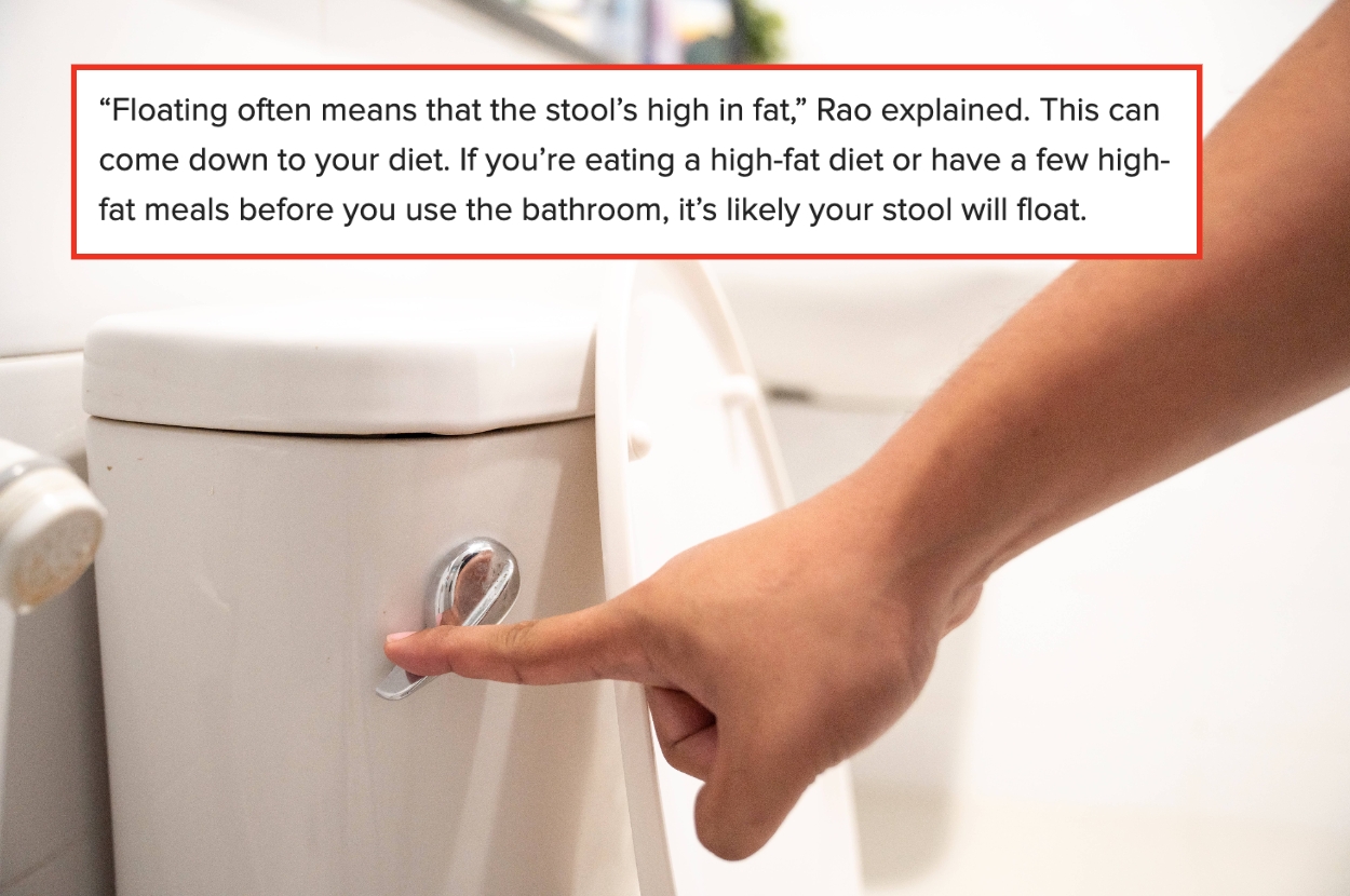 Finger pressing a toilet flush handle. Text explains that floating stools may indicate a high-fat diet