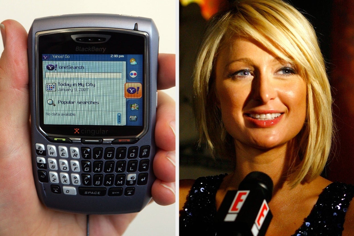 A person holds a Blackberry device. Another person, wearing a sparkly outfit, smiles while talking to a microphone with a logo