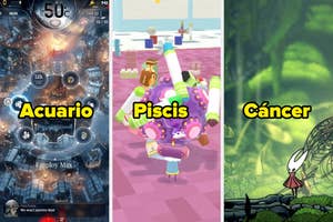 Persona con cascos de gamer con etiqueta "Piscis" a la izquierda. Dos personas jugando videojuegos con etiqueta "Cáncer" a la derecha