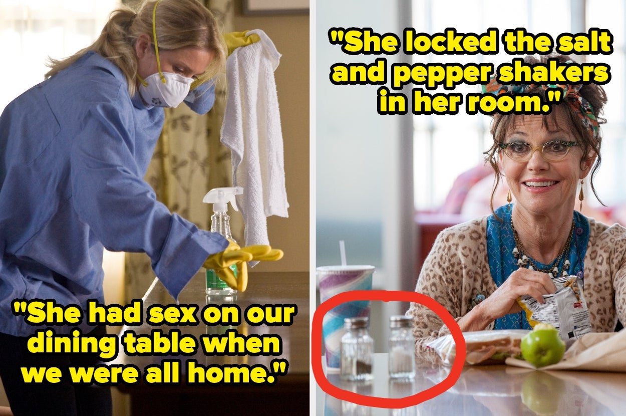 On the left, a person cleans a table with a mask and gloves. On the right, a person smiles with a red circled salt and pepper shakers nearby. Text: "She had sex on our dining table when we were all home." "She locked the salt and pepper shakers in her roo