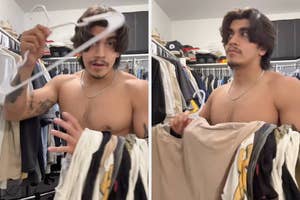 Person with a tattoo in a closet holding clothes and a hanger, appearing focused on organizing