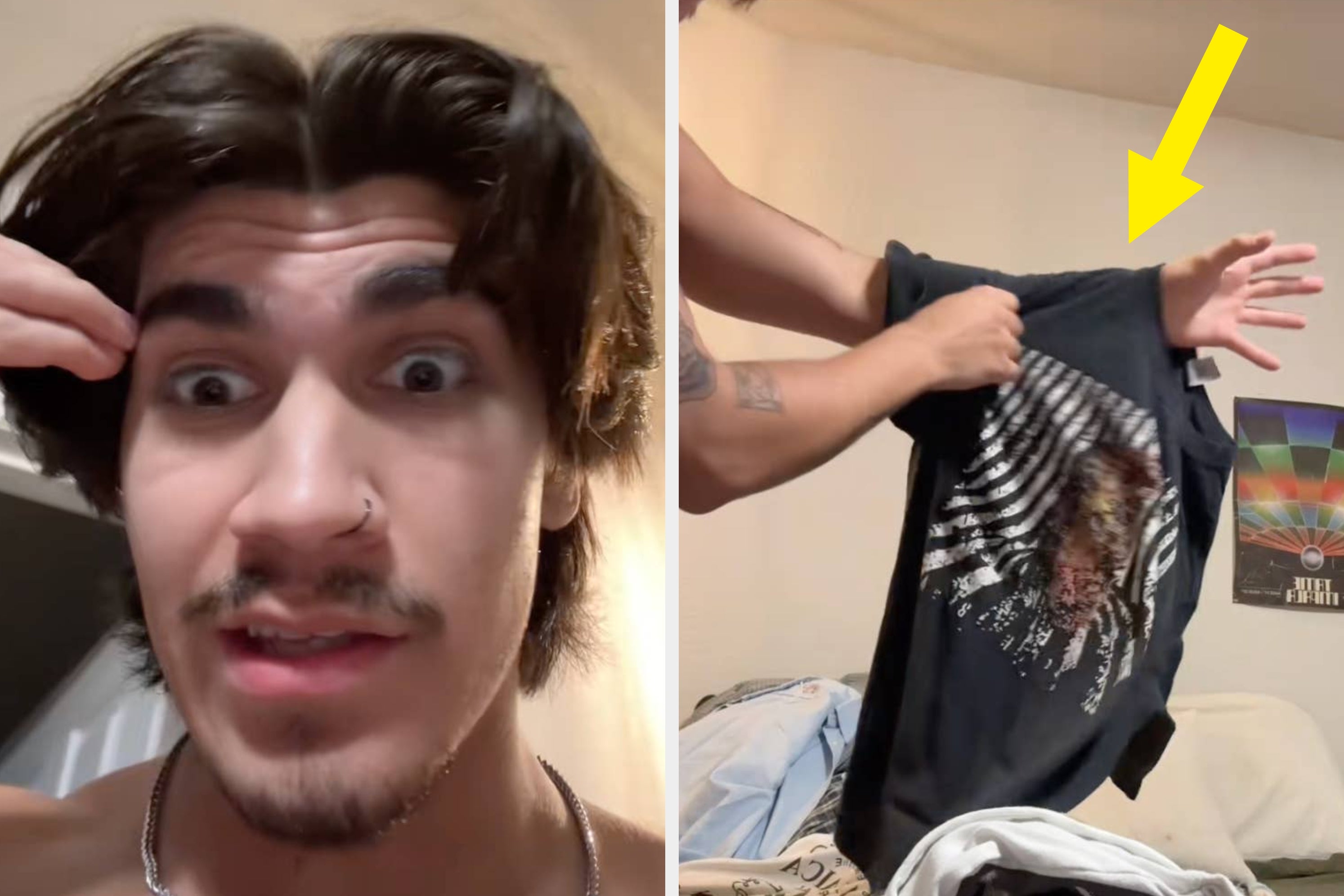 Person with nose ring looking surprised; second image shows them holding a T-shirt with a graphic print