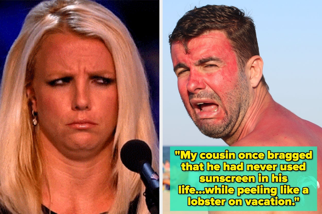 On the left, a woman makes a skeptical face. On the right, a sunburned man looks distressed with text describing his sunscreen mishap