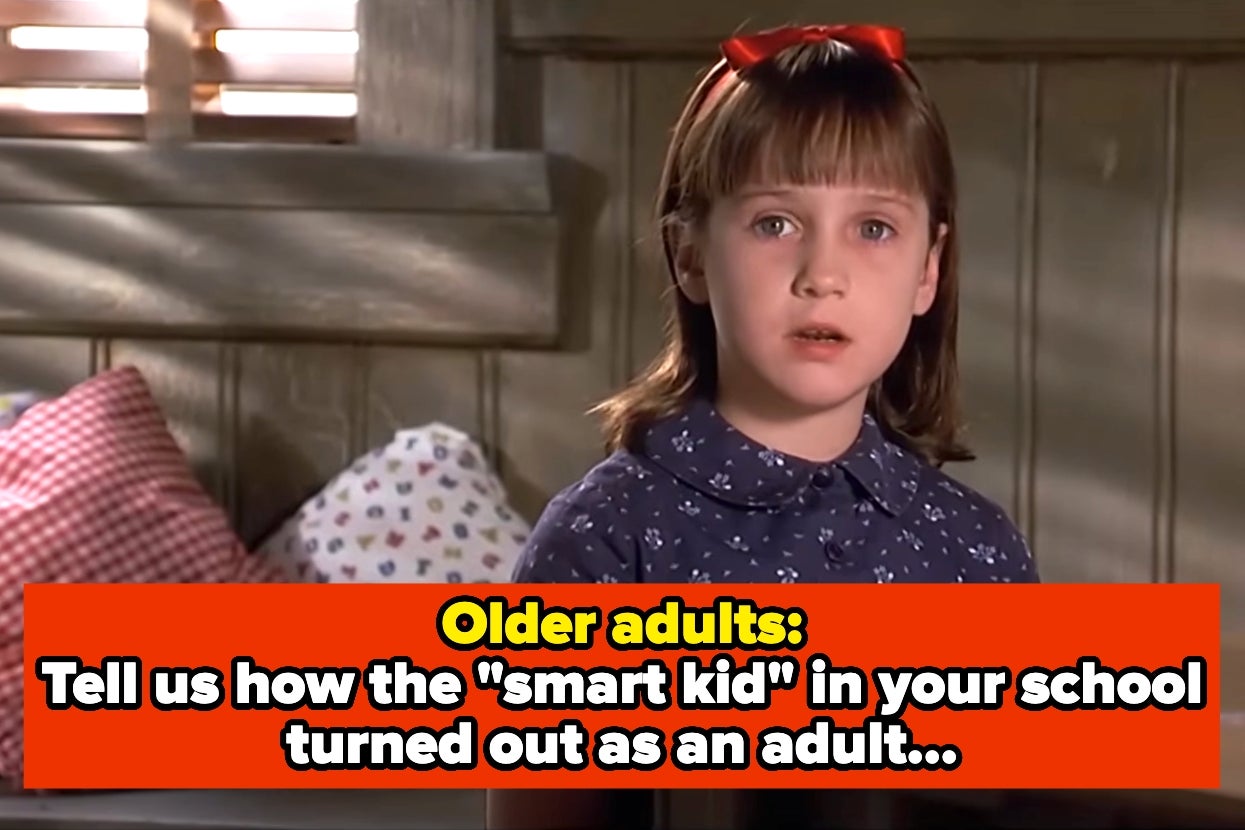Young girl with a red bow looks concerned; text asks older adults about the outcome of the "smart kid" in their school