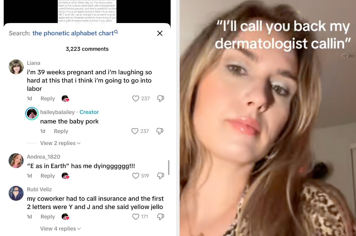 A TikTok comment section with humorous posts about phonetic alphabets and the creator's video on the right, captioned "I'll call you back my dermatologist callin'."