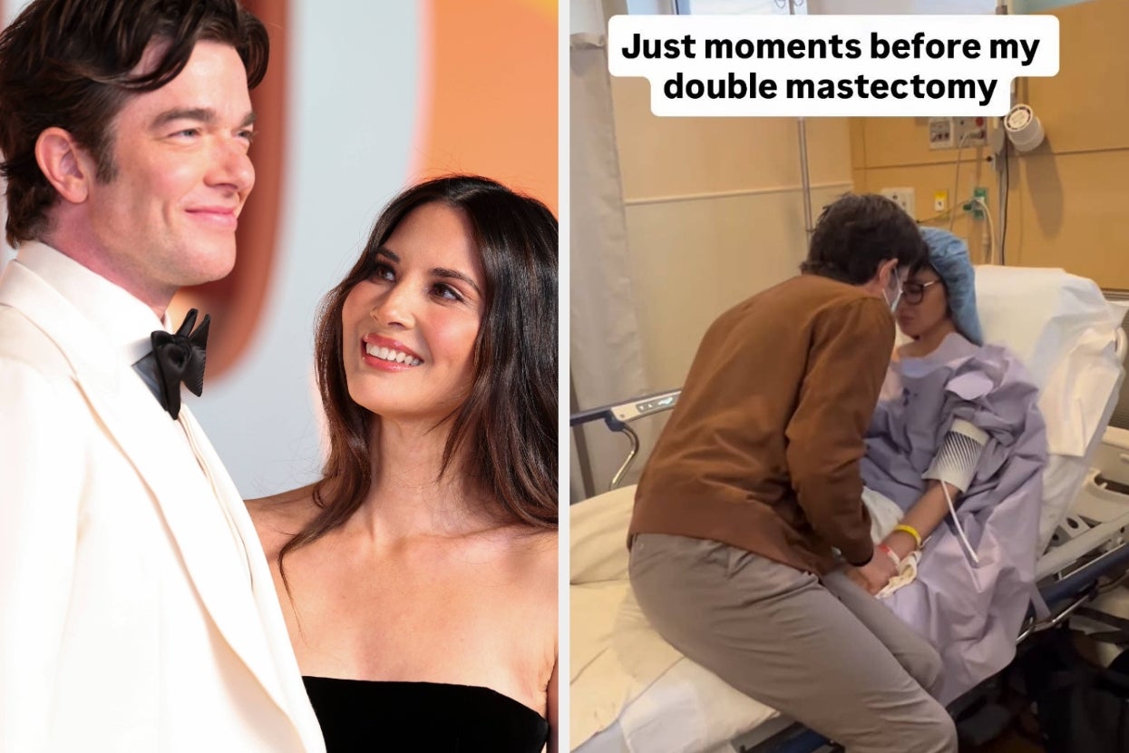 Left: John Mulaney and Olivia Munn on a red carpet. Right: John and Olivia pressing their foreheads together and holding hands on a hospital bed, with Olivia in hospital attire. Caption: "Just moments before my double mastectomy"