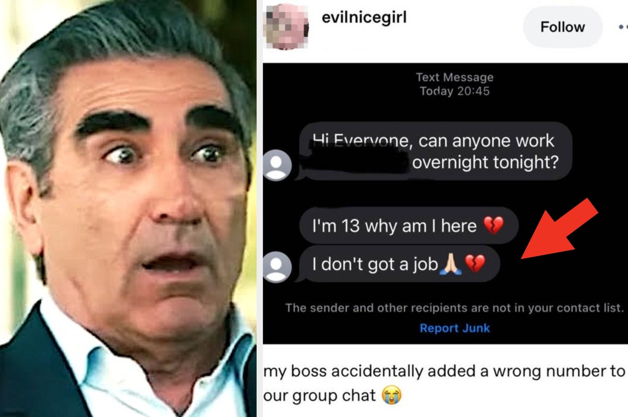A surprised person next to a screenshot of a mistaken group chat message with humor and emojis about working overnight