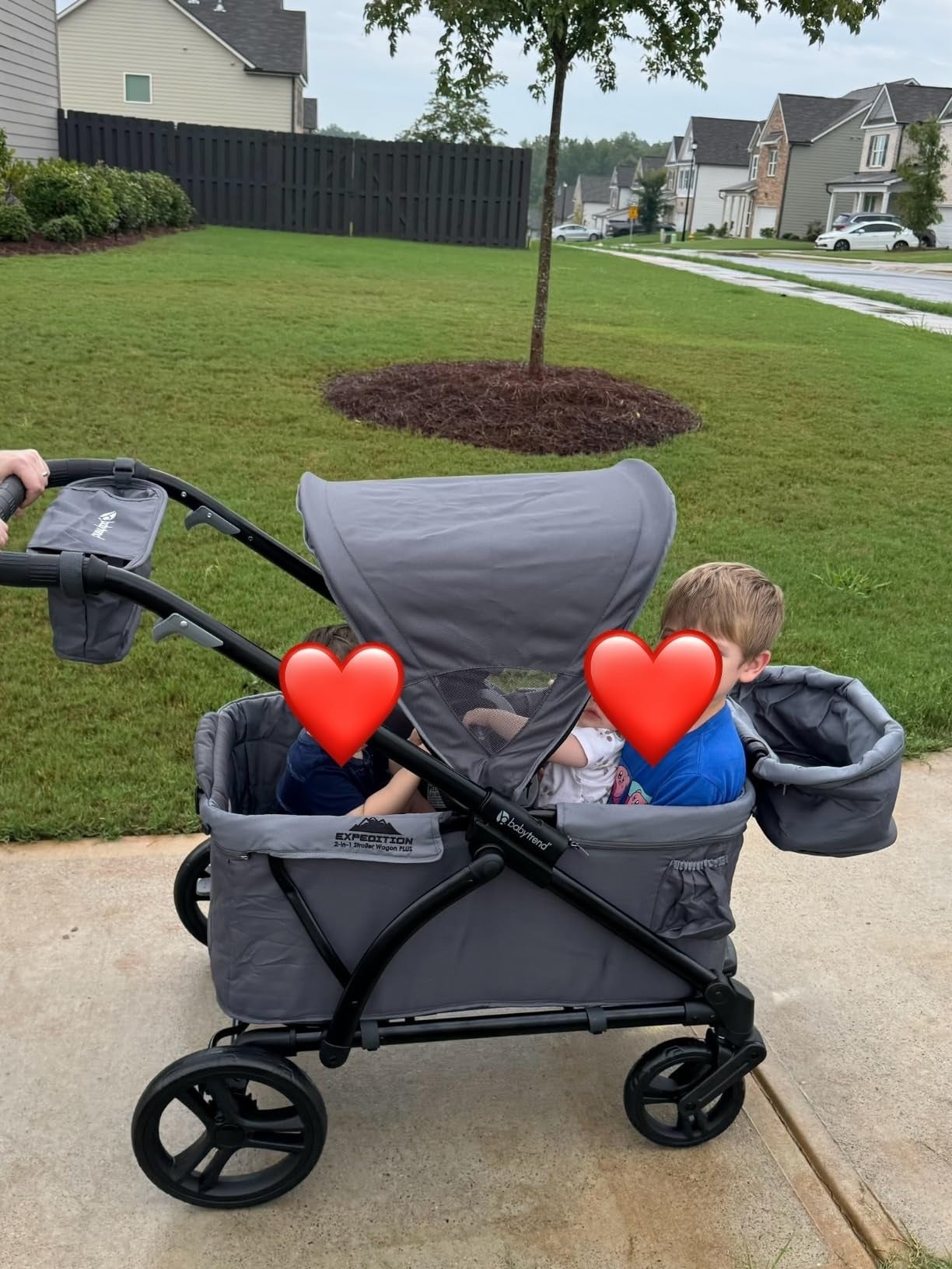 Two children beryllium   successful  a treble  stroller during a vicinity  walk