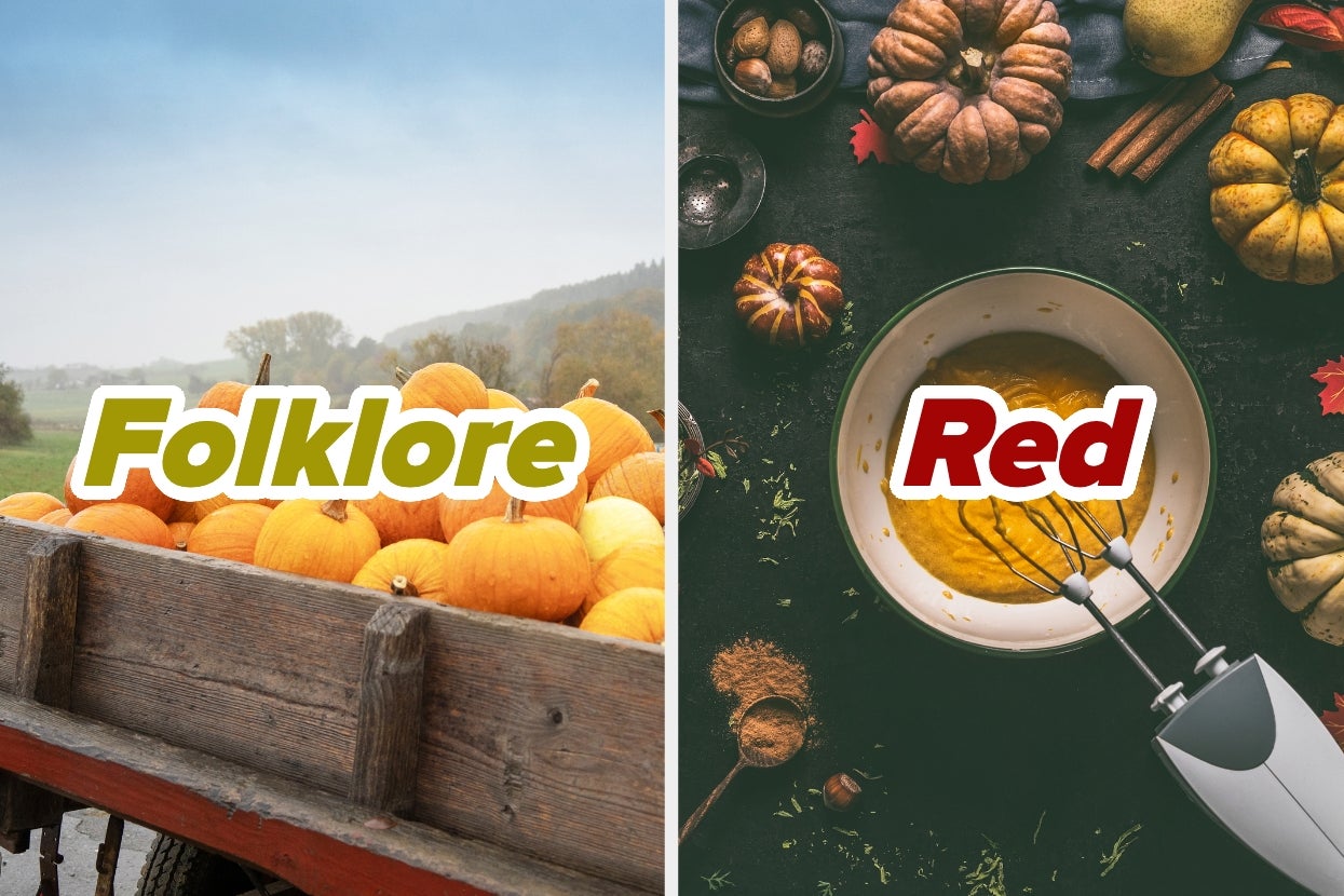 Two images: Left shows pumpkins in a wooden cart labeled "Folklore." Right shows a pumpkin pie mix being prepared in a bowl with spices and pumpkins around labeled "Red"