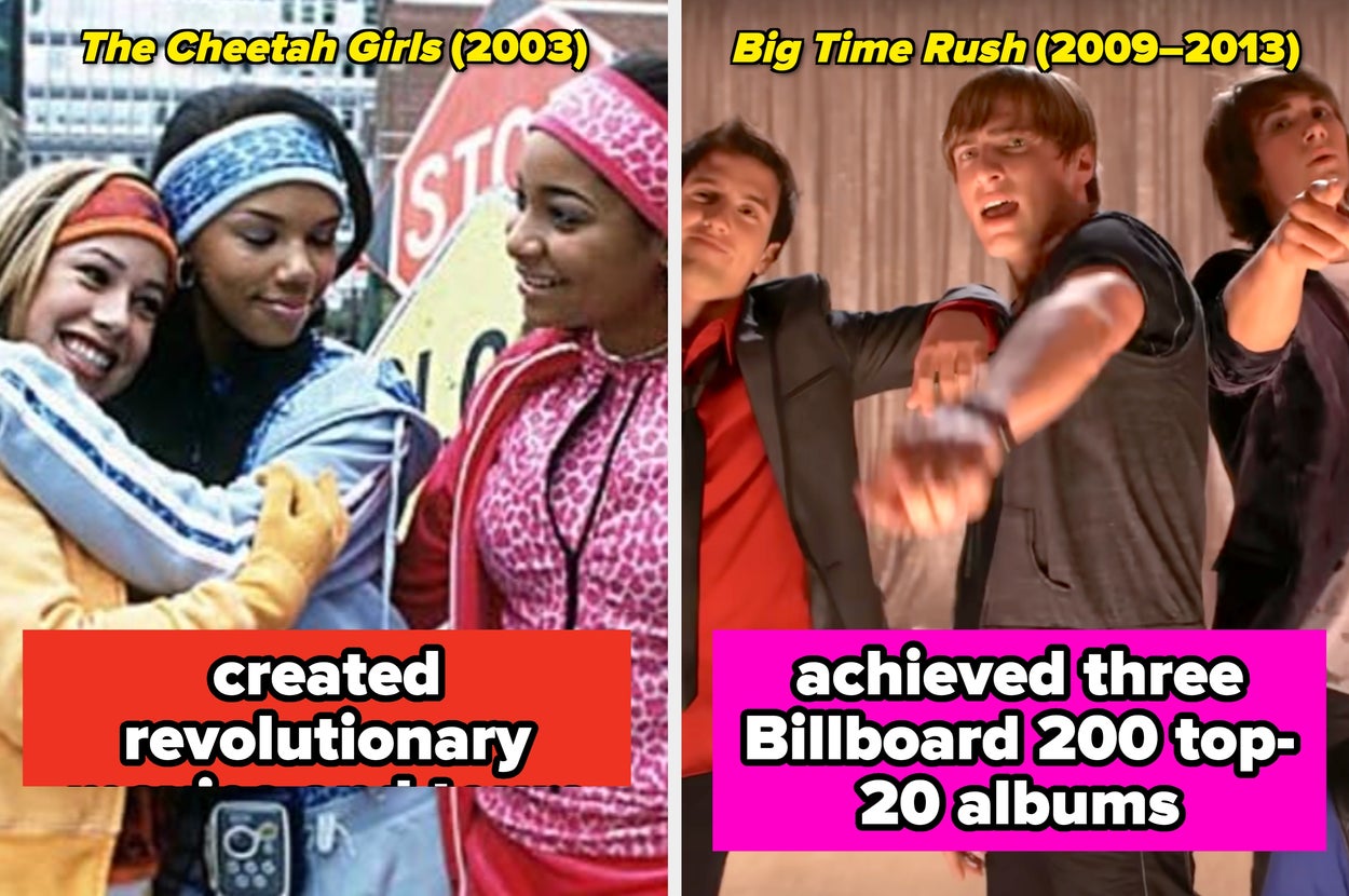 Split image comparing "The Cheetah Girls" (2003) and "Big Time Rush" (2009-2013), noting "The Cheetah Girls" had 3 movies