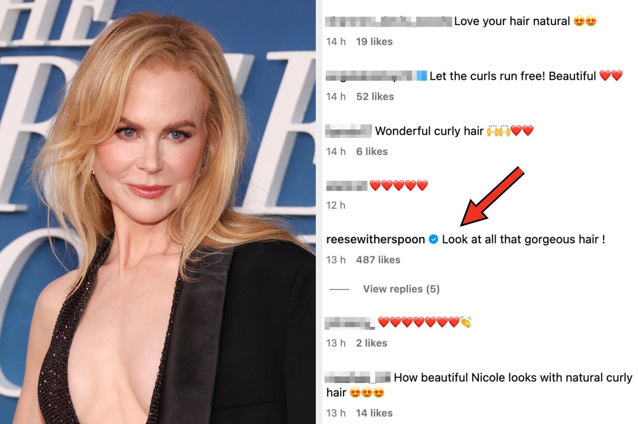 Left: Nicole Kidman at an event. Right: Comments on Instagram praising her natural curly hair, including one from Reese Witherspoon