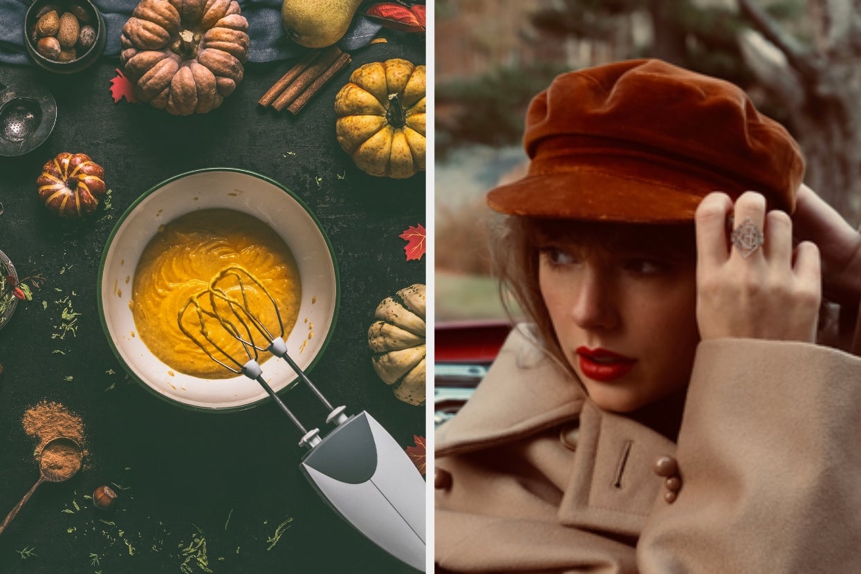Left: Bowl of pumpkin pie filling with mixer, surrounded by spices and small pumpkins. Right: Taylor Swift in a brown coat and red hat, adjusting hat in a thoughtful pose on "Red (Taylor's Version)" album cover