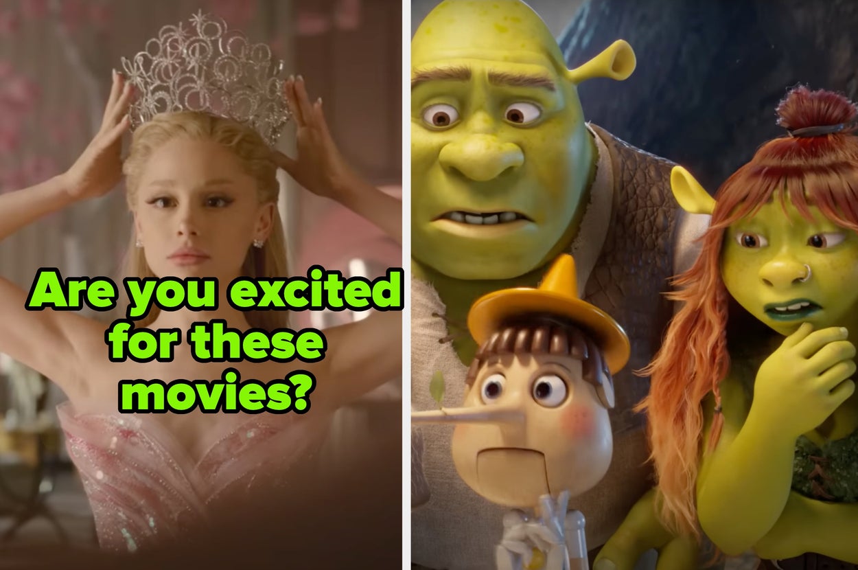 A person adjusts a crown, wearing a strapless dress. Nearby, animated characters include an ogre, a puppet, and a female ogre. Text asks about movie excitement
